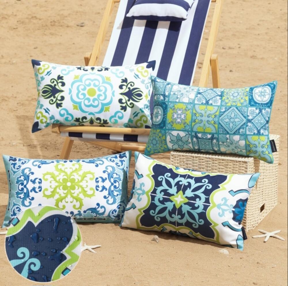 Phantoscope 4pk Geometric Boho Outdoor Pillows Covers Blue/Green 12x20 Inches